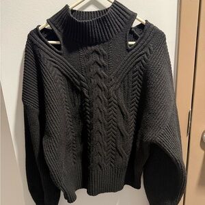 Express Cable Knit Turtleneck Cutout Sweater with Balloon Sleeves- Black